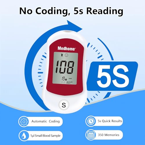 Medhome Blood Glucose Monitor Kit, Diabetes Testing with 100 Glucometer Strips,100 30G Lancets, 1 Lancing Device, 1 Blood Sugar Monitor with Control Solution, Large Menory Capacity, No Coding.