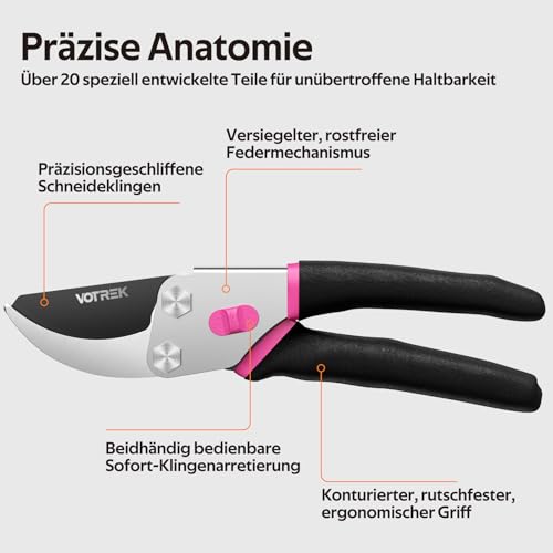 VOTREK® Bypass-Gartenschere 21,5 cm – mit SK5-Klinge & versiegelter Feder als Profi-Rosenschere, Baumschere, Pflanzenschere wie Astschere für müheloses Schneiden von Rosen, Ästen, Gehölzen【Geschenk】