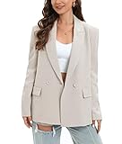 TRNY Women's Oversized Double-Breasted Houndstooth Blazer Jacket with Pockets - Long Sleeve Casual Boyfriend Style Work Office Blazer in Mini Beige
