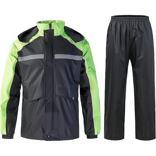 Caxndycing Traje de lluvia para hombre, resistente al agua, para moto, resistente al viento, reflectante, ligero, cortavientos, conjunto de 2 piezas, chubasquero y pantalones de lluvia, verde, M