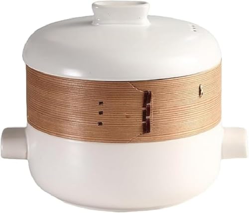 石焼き蒸し器土鍋を兼ねた上蒸し下煮炊飯器陶磁器鍋和風陶磁器土鍋卓上鍋家庭用和風蒸し器調理用耐熱カバー付き和風石鍋ダブルハンドル鍋煮炊き煮炊きキッチン調理器具おかゆを煮る (ホワイト,2.5L)