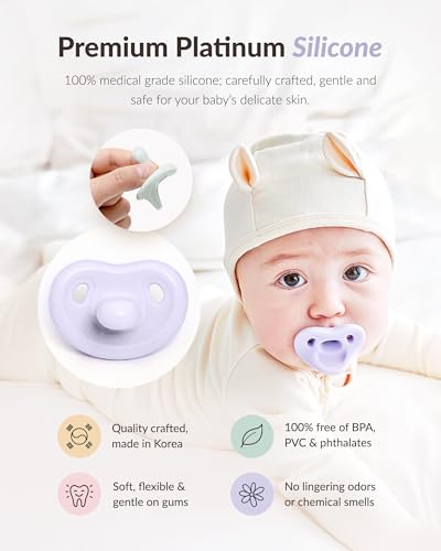 Image of Moyuum Silicone Macaron Pacifier | Made in Korea, BPA Free One-Piece Design Baby Soother, Soft Orthodontic Shape with Air Holes, 2 Pack with Travel Case, Newborn 0-3 Months (Mango+Pink, Stage 1)