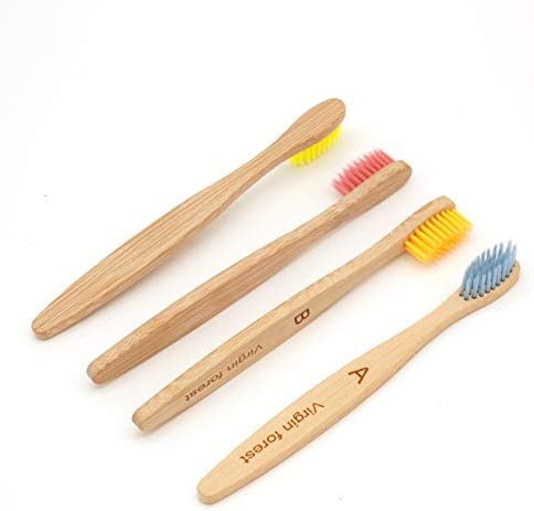 Virgin Forest Kids Bamboo Toothbrushes, Biodegradable Handle, BPA-Free Soft Bristles, Children Size Set of 4 (4 Colors)