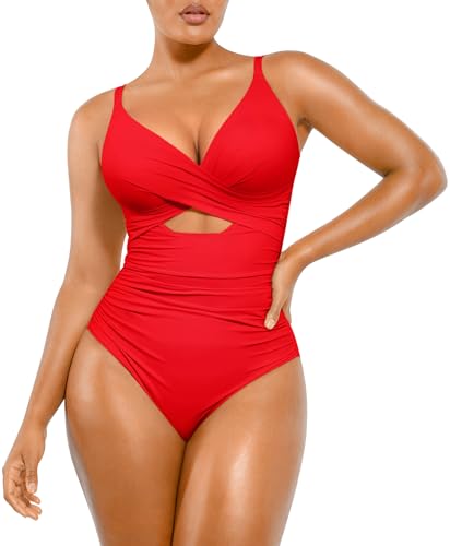 Image of SHAPELLX Tummy Control Swimsuits Women V Neck One Piece Bathing Suit Ruched Push Up Slimming Swimwear Built-in Bra