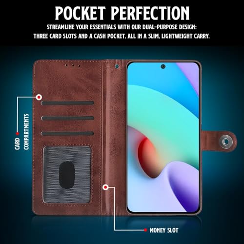 Image of WOW IMAGINE Shock Proof Flip Cover Back Case for Xiaomi Mi Redmi 10 Prime (Magnetic Button Flip Case | Wallet Pockets & Stand | Leather Finish | Coffee)