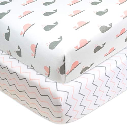 American Baby Company Printed 100% Natural Cotton Jersey Knit Fitted Crib Sheet for Standard Crib & Toddler Mattresses, Pink Whale/Pink Zigzag, for Girls, 52x28x9 Inch (Pack of 2)