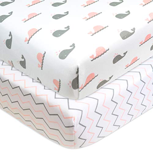 American Baby Company Printed 100% Natural Cotton Jersey Knit Fitted Crib Sheet For Standard Crib & Toddler Mattresses, Pink Whale/Pink Zigzag, For Girls, 52X28X9 Inch (Pack Of 2) #TOP1