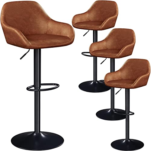 Yaheetech Lot de 4 Tabourets de Bar en Similicuir PU Hauteur Ajustable 87,5 cm -107,5 cm Chaises de Bar Pivotantes avec Dossier Confortable Tabouret Haut de Cuisine avec Grande Base Brun Rustique