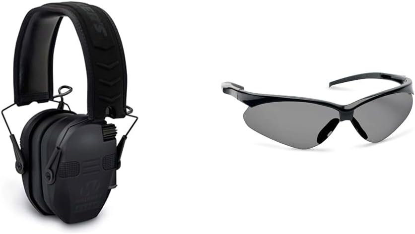 Walker's Razor Electronic Quad Muff Bluetooth Earmuffs & Crosshair Shooting Smoke Hunting Safety Glasses Bundle