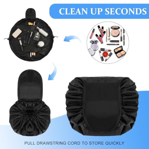 URAQT Kosmetiktasche mit Kordelzug, Lazy Kosmetikbeutel, Groß Kapazität Make Up Tasche, One-Step Organizer Makeup Tasche Schminkbeutel für Lazy Damen (Schwarz)