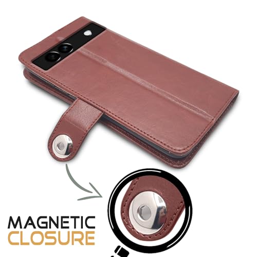 Image of Pikkme Google Pixel 7A Flip Cover Leather Finish | Inside TPU with Card Pockets | Wallet Stand and Shock Proof | Complete Protection Button Flip Case (Brown)