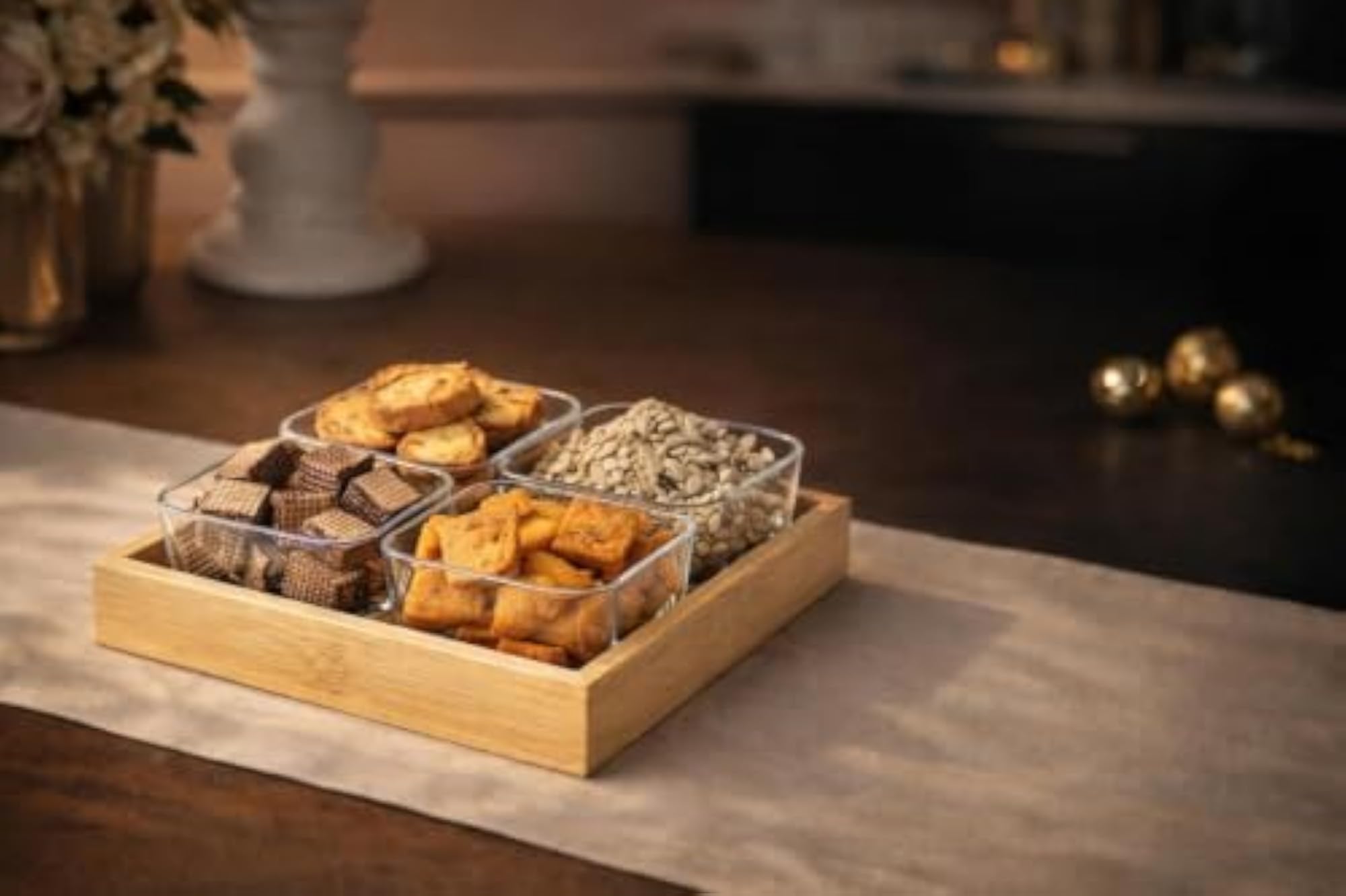 Premium Bamboo Serving Tray with 4 Clear Containers, Snack Platter Set