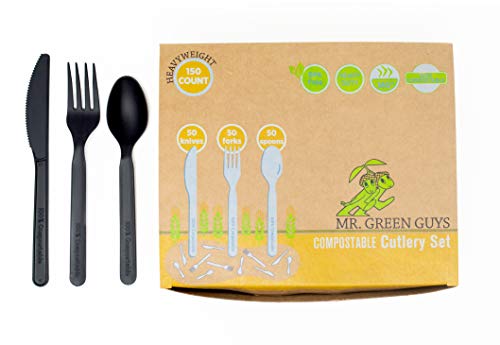Compostable Heavyweight Disposable Forks, Knives & Spoons Set - 50ct each of Eco Friendly Compostable Forks, Knives & Spoons made from cornstarch