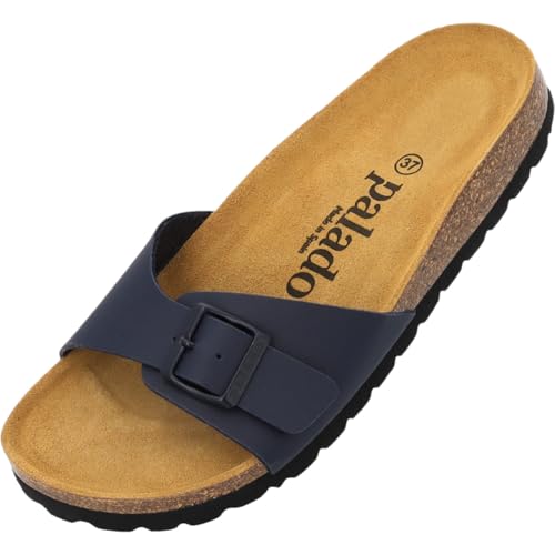 Palado Pantoletten Mujer Malta - Sandalias elegantes fabricadas en España - Cómodas zapatillas con plantilla de corcho - Zapatos de verano de moda, Azul Oscuro Negro Azul Oscuro, 42 EU