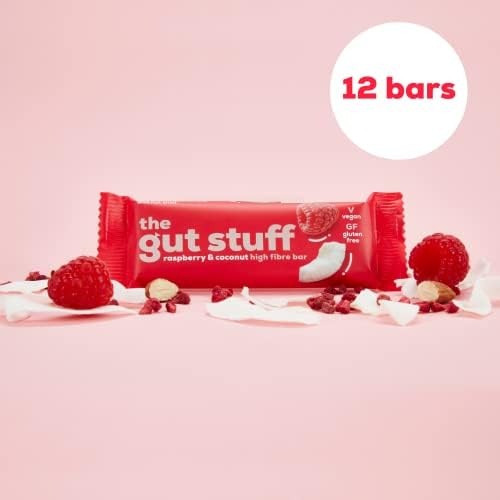 The Gut Stuff - Good Fibrations High Fibre Bars  Raspberry & Coconut Flavour  12 x 35g Bar Box  Gut-Friendly, Gluten-Free, Vegan, 116 Calories per Bar