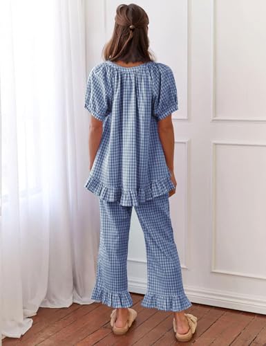 Flygo Womens Plaid 2 Piece Pajamas Sets Gingham Button Down Puff Sleeve Babydoll Shirt Ruffle Pants Y2K Pjs Lounge Set