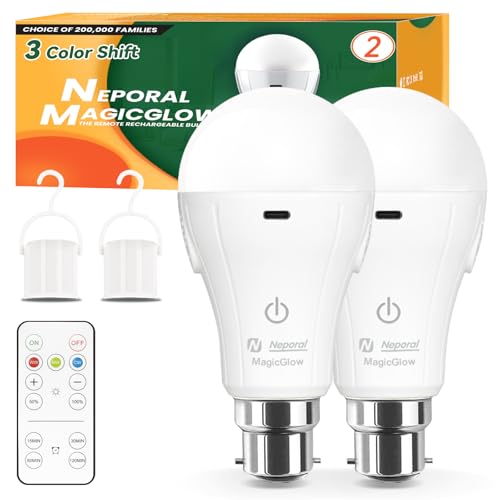 Neporal MagicGlow Rechargeable Light Bulbs with Remote, 3-Color Shift + Stepless Dimmable, USB Rechargeable 2000mAh Battery Light Bulb Up to 24H, A19 Emergency LED Light Bulbs (B22 Bayonet Fitting, 2)