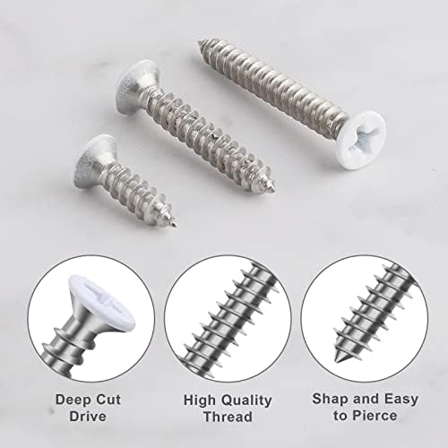 SAVITA 120 Pcs #8 White Screws, Stainless Steel Screws White Flat Head Screws Wood Screw Self Tapping Screw Assortment for Wall Plates Screw Switch Cover Replacement (3 Sizes)