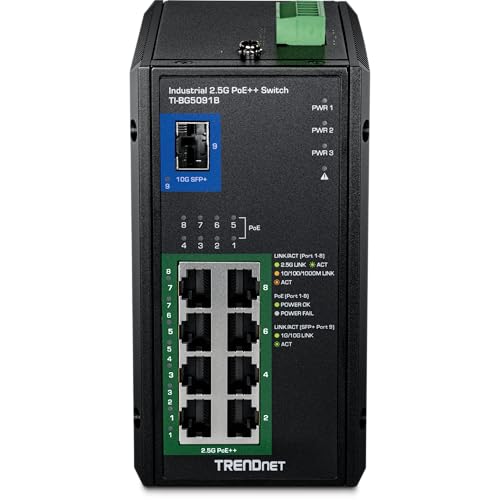 Image of TRENDnet 9-Port Industrial 2.5G DIN-Rail PoE++ Switch with 10G SFP+ Port (24 - 57V), TI-BG5091B, 8 x 2.5G PoE++ Ports, 1 x 10G SFP+ Port, 480W PoE, 60Gbps Switch Capacity, Black