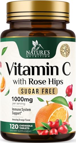 Vitamin C 1000mg Per Serving Chewable - Sugar Free - Extra Strength Antioxidants - Natural Immune Support Supplement with Vitamin C & Rose Hips Powerful Vit C Chews Tasty Orange Flavor - 120 Tablets