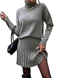  shownicer Ensemble Tricot Femme 2 Pièces Pull à Col Roulé et Mini Jupe Décontracté Survêtement A Gris M