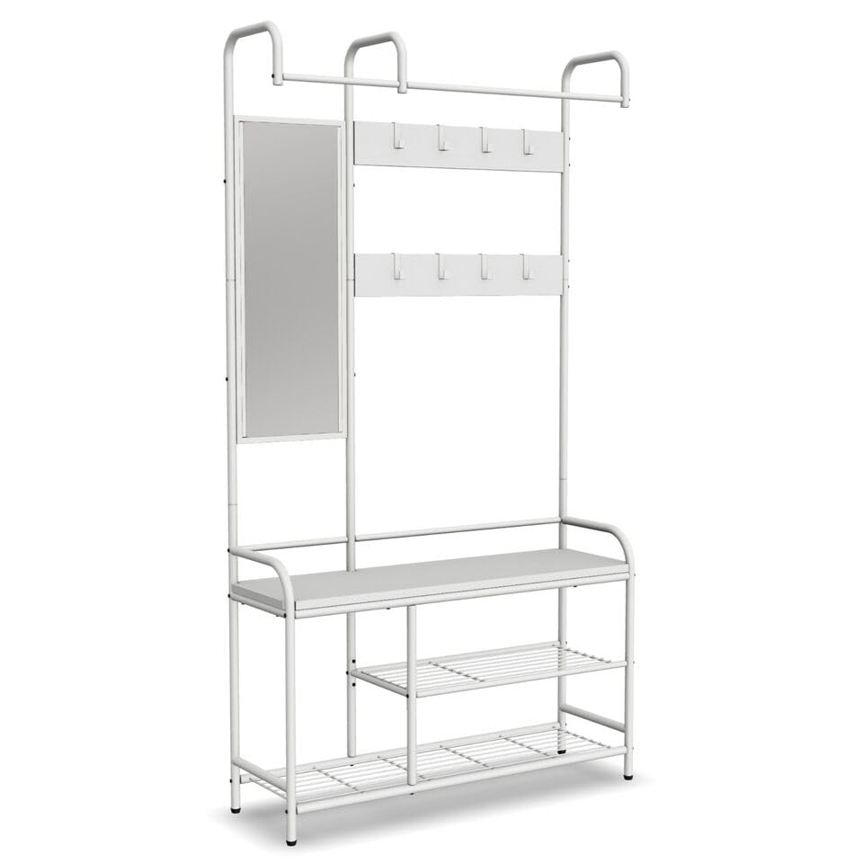 URBNLIVING Entryway Hallway Coat Hanger Stand Shoe Bench Storage Display Rack Mirror Included Stylish Organization for Coats, Shoes, and Accessories Perfect for Entryways and Hallways