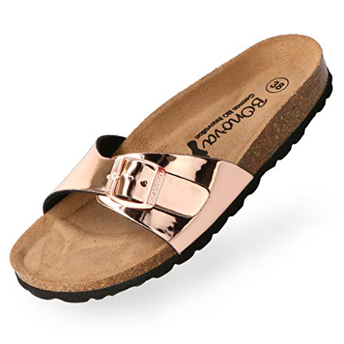 BOnova Damen Pantoletten Teneriffa in Mirror rosegold 39, modischer Einriemer mit Korkfußbett - komfortable Sandalen zum Wohlfühlen - hergestellt in der EU