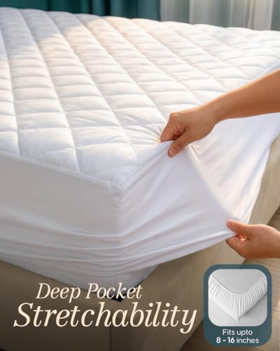 Quilted Fitted Mattress Pad, King Mattress Protector Topper with Deep Pocket Stretches up to 16 Inches, Machine Washable Mattress Cover by Utopia Bedding (White) β image 3