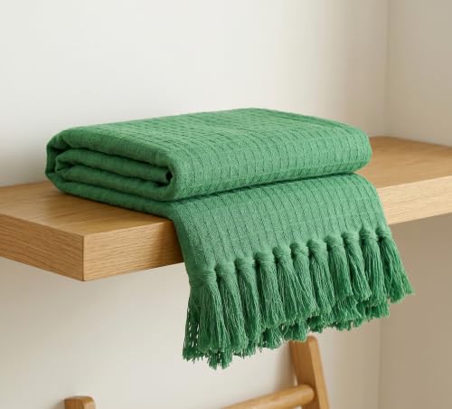 Image of Furnistitchs Bohemian Cotton Sofa Throw Blanket 50x60 inches | Waffle Knit & Chevron Pattern with Fringes | Aesthetic Decorative Couch Throw for Living Room & Bedroom (Forest Green)
