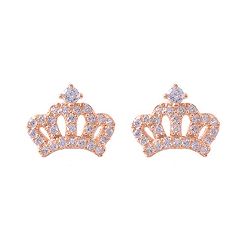 Paialco Sterling Silver Tiny Crown Cubic Zirconia Studs Earrings for Women, Rose Gold Plating