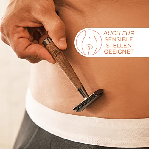 Foto von WLDOHO® Rasierhobel Nassrasierer aus Walnussholz für eine plastikfreie Nassrasur, Sanft zur Haut & Umweltfreundlich I Damen & Herren Rasierer I Safety Razor mit 5 Astra Rasierklingen | BURAN
