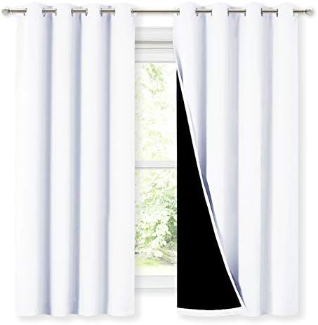 NICETOWN White 100% Blackout Lined Curtains, 2 Thick Layers Completely Blackout Window Treatment Thermal Insulated Drapes for Kitchen/Bedroom (1 Pair, 52 inches Width x 63 inches Length Each Panel)