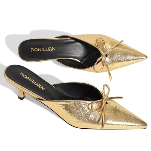 Image of Kitten Heels for Women Heeled Mules Stiletto Pumps Bow Closed Toe Pointed Toe Low Heel Slip on Fashion Metallic Backless Prom Party Dressy