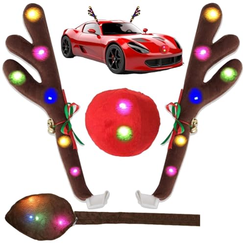 LED Auto Rentier Geweih Nasen Dekoration, Rentier Auto Set mit Farbe...