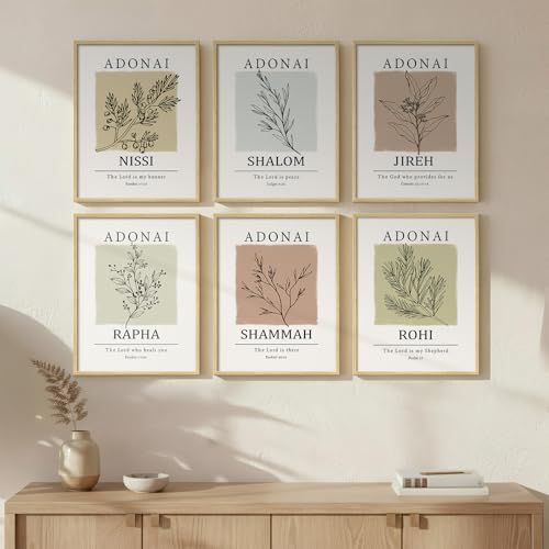Framed Christian Scripture Wall Art, Set of 6 Minimalist Bible Verse Prints, Names of God Faith Based Neutral Boho Botanical Leaf Artwork for Bedroom Living Room Office Hallway Home Decor, 11x14 Inch