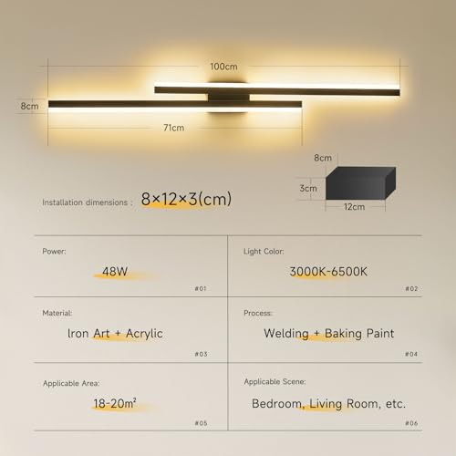 SUCIKORIO 100cm Kinkiet LED Do Użytku Wewnętrznego, Kinkiet LED 48W 3000K-6500K Z Regulacją Jasności 5%-100% Czarny Nowoczesny Kinkiets Z Regulacją Kierunku światła W Górę W Dół, Z Pilotem I Aplikacją