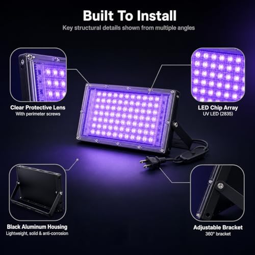 Image of QWORK 100W UV Black Light Flood Lights - 2 Pack, IP65 Waterproof Stage Lighting for Glow Party Halloween Body Paint Neon Fluorescent Poster Indoor Outdoor Use