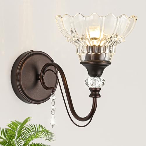 Image of 1 Piece Oil Rubbed Bronze Finish Wall Sconce, 1-Light Modern Wall Sconce with Hanging Crystal Accents and Flower-Shaped Clear Shades for Bathroom Bedroom Living Room,Modern Vanity Light