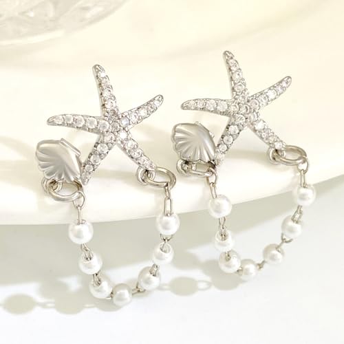 Starfish Earrings for Women Gold Sea Shell Pearl Dangle Earrings Dainty Summer Beach Vacation Earrings Ocean Scallop Sea Star Drop Earrings Simple Cowrie Fashion Jewelry3