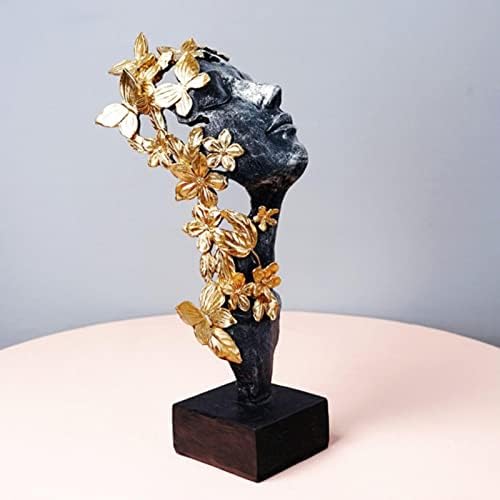 primrosely Women Face Resin Statue - Abstract Nordic Girl Face Sculpture with Gold Flowers Butterflies - Simple Modern Female Figurine Lady Head Figure Home Art Ornament Tabletop Desk Decoration