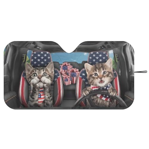 Image of 4th of July Cats Sun Shade for Car Windshield Foldable Front Windshield Shade for Sun Auto Vehicle Shield Reflector Blocking Screen Cover Fit Car Front Window for Trucks SUV Van