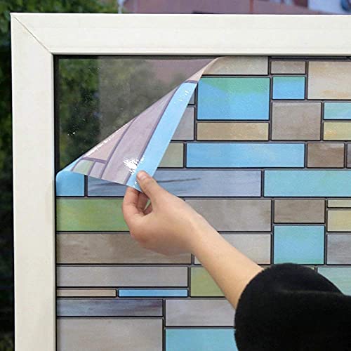 Niviy Privacy Window Covering Brick Stained Glass Window Film Waterproof Static Window Cling, 17.7" By 78.7" No Adhesive Glass Window Decor For Bathroom Kids Room Sliding Door #TOP3