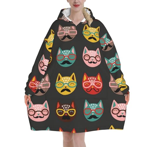 Couverture à capuche motif chats en flanelle de taille unique pour adulte
