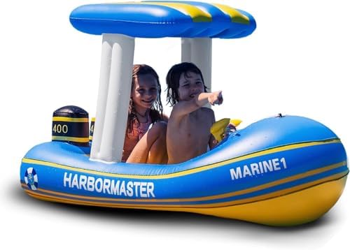Zone Tech Harbor Master Inflatable Patrol Boat Pool Float Ride-on, Fun Water Toy Squirter, for Kids & Adults, Sturdy Handles, Easy Inflation