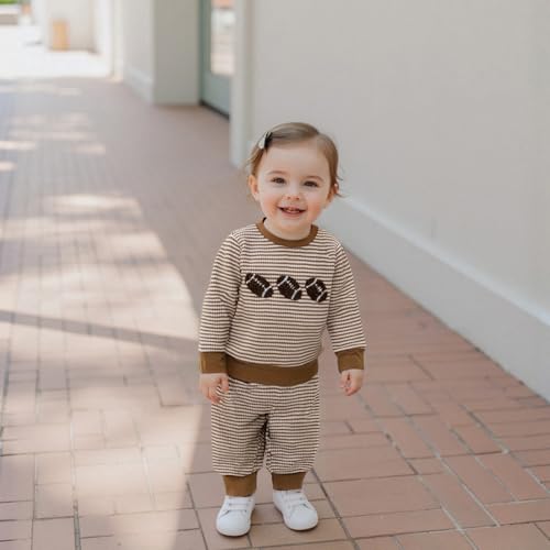 Karuedoo Toddler Baby Boy Girl Football Outfit Rugby Embroidery Stripe Long Sleeve Waffle Knit Sweatshirt and Pants Set4