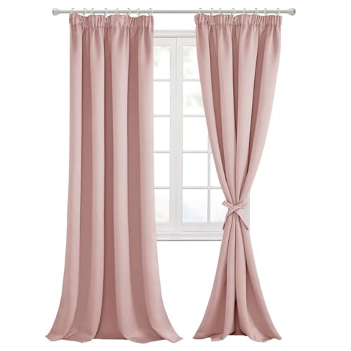 Hiasan Pink Blackout Curtains for Bedroom Pencil Pleat Curtains for Living Room with Tiebacks Thermal Curtains 90 x 90 Inch 2 Panels