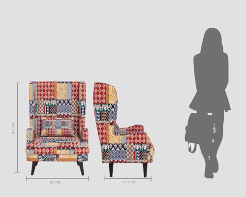 Image of Custom Decor Wooden Wing Chair Without Ottoman Stool | Wingback for Living Room | One Seater Sofa | High Density Foam | Accent Chair for Seating and Home Decor Furniture | (Marwadi, Without Ottoman)