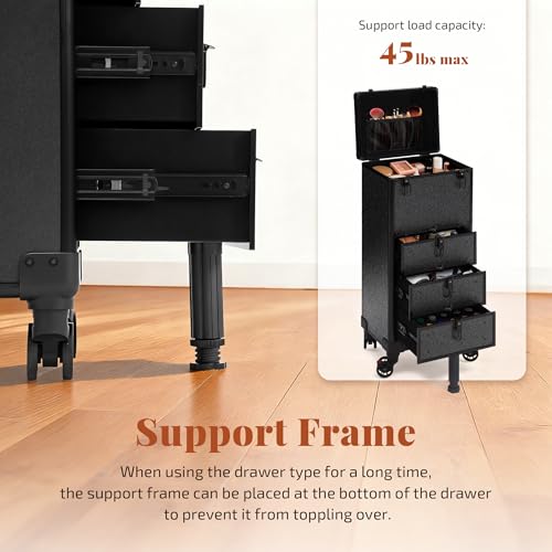Image of Rolling Makeup Train Case with Drawers Cosmetology Case on Wheels | 4 in 1 Large Cosmetic Organizer for Hairstylist,Makeup Artist Nail Trolley Cart Salon Storage Traveling Cart Trunk