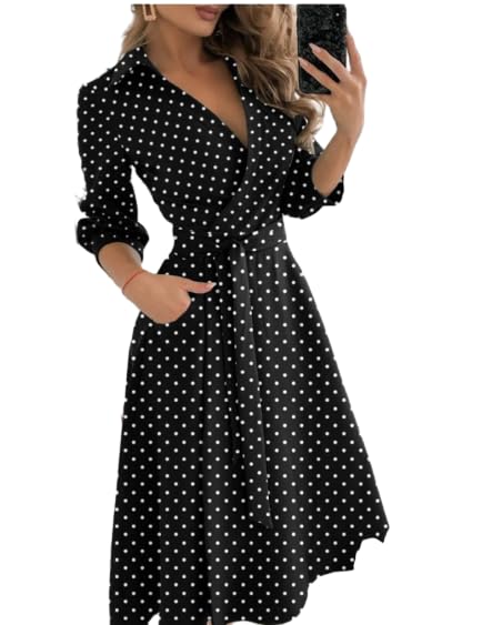 OSCORP Women's Black White Polka Dot Collared Wrap Midi Dress with Belt, Retro A-Line Midi Dress for Casual Daily Wear