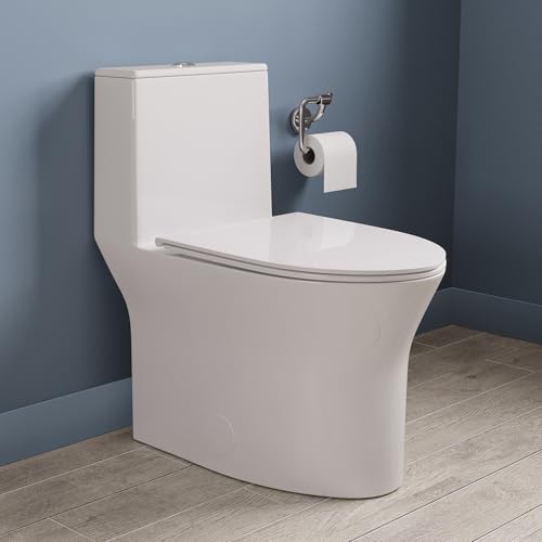 Image of DeerValley Compact One-Piece Toilet for Small Bathrooms, Dual Flush 0.8 /1.28 GPF, 900g MAP, Round Bowl, Soft-Close Seat, 12 inch Rough-In, Space-Saving Design